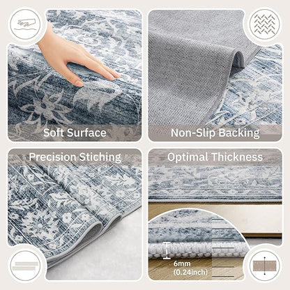 Area Rugs 5x7 for Living Room, Floral Washable Rugs for Dining Room, Bedroom, Kitchen, Vintage Non-Slip Thin Area Rug(Blue, 5'x7')
