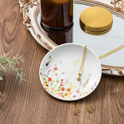 Crisky Initial Jewelry Tray Ring Dish & Gift Box, Ceramic Flower Trinket Dish for Rings Earrings Necklaces Keys, Bridal Shower Engagement Birthday Gift for Women, Friends 4.57" (Gold Foil D