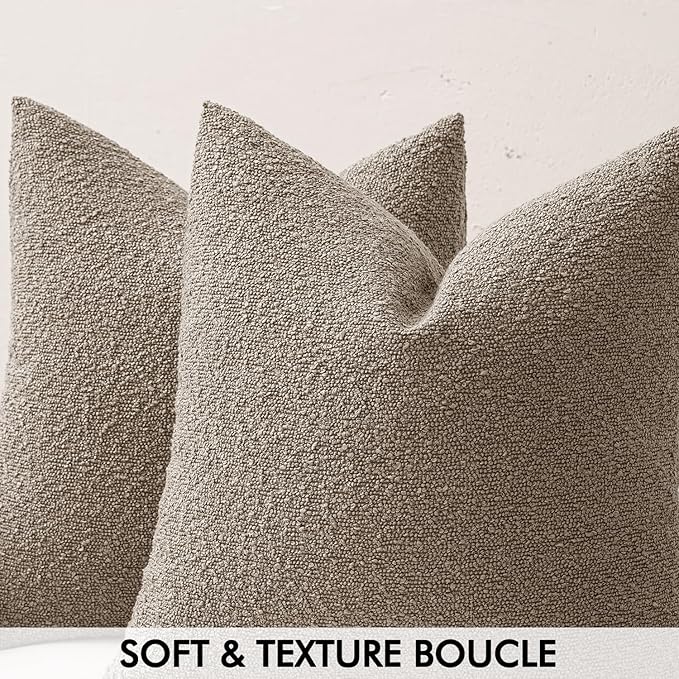 MIULEE 24x24 Decorative Euro Sham Throw Pillows for Bed Set of 2 Textured Boucle Neutral Winter Throw Pillow Covers Light Taupe Accent Solid Couch Pillowcases Sofa Livingroom Home Decor