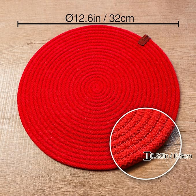 Round Placemats, Set of 4, Handmade by Braided Cotton Cord for Kitchen and Dining Table, Dia. 12.6 Inch, Doublesided, Heat Resistant, Washable, Red/Green