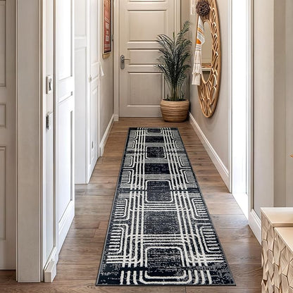 Rugshop Black and White Geometric Area Rug – Abstract Curved Line and Square Pattern Carpet for Living Room, Bedroom, or Office – Contemporary Soft Floor Décor 2' 3" x 8' Runner Black