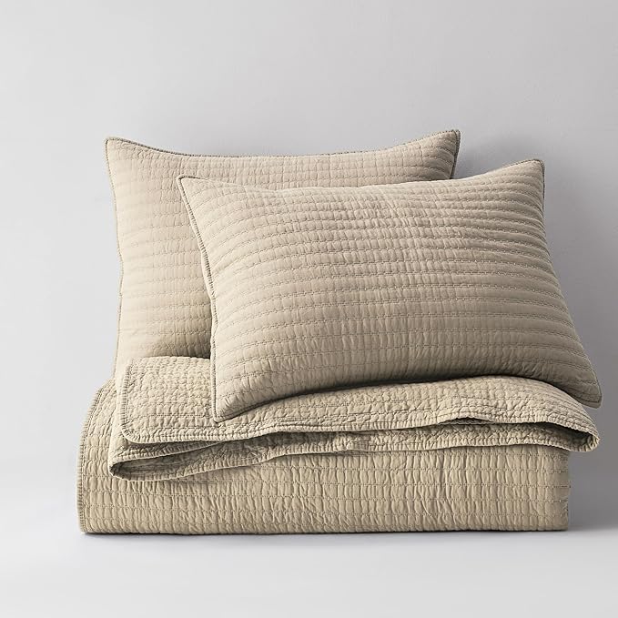 WDCOZY 100% Cotton Oversized King Size Quilt Set - Beige California Cal King Striped Pick Stitch Soft Lightweight Bedspread, Textured Like Linen, Farmhouse Country Rustic Coverlet, 3 Pieces