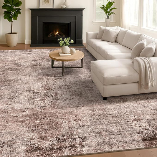 Large Entryway Rug Washable - Warm & Retro Décor, Brown with Red Accent Rug for Mudroom, Foyer, Hall, Living Room, Washable Low Pile Stain Resistent