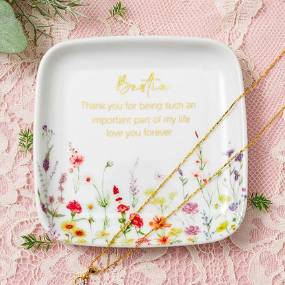 Crisky Jewelry Ring Dish for Bestie Birthday Gifts for Best Friend Women Friendship, Gifts for Friends Besties Floral Trinket Ring Dish Jewelry Tray for Her Sisters Long Distance Graduation Gift Ideas