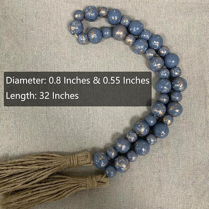 Handcrafted Farmhouse Wooden Decorative Beads Garland, Table Tray Boho Wood Beads with Tassel, Small Rustic Antique Decor for Home and Events (Ocean Mist Gold)