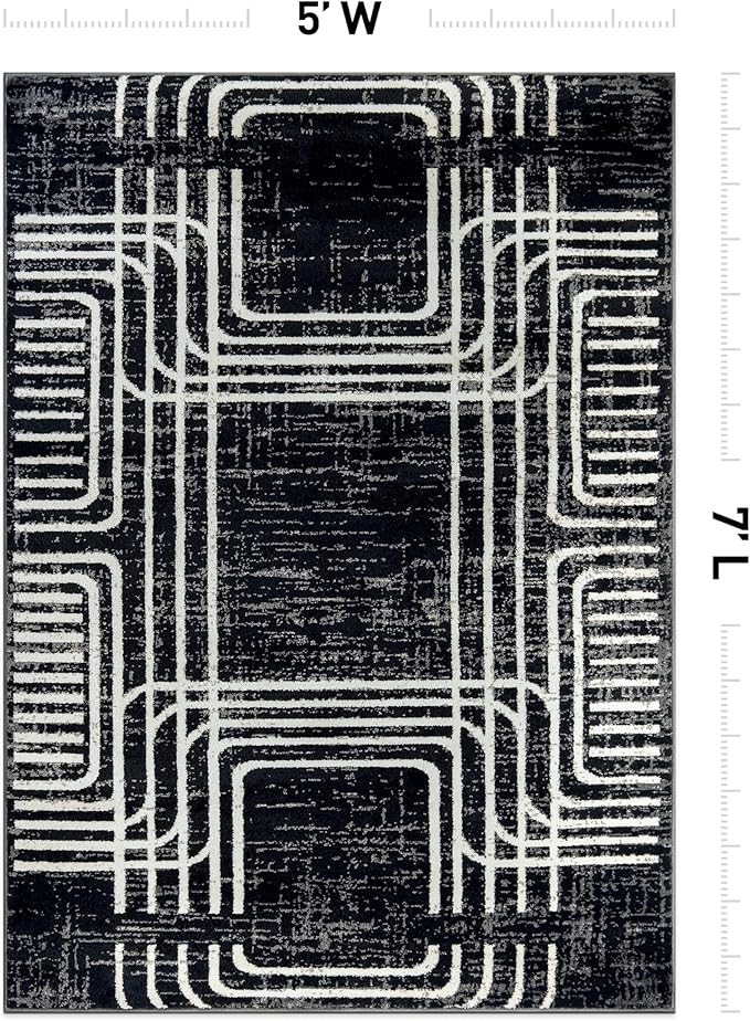 Rugshop Black and White Geometric Area Rug – Abstract Curved Line and Square Pattern Carpet for Living Room, Bedroom, or Office – Contemporary Soft Floor Décor 5' x 7' Black