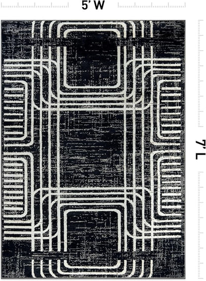 Rugshop Black and White Geometric Area Rug – Abstract Curved Line and Square Pattern Carpet for Living Room, Bedroom, or Office – Contemporary Soft Floor Décor 5' x 7' Black