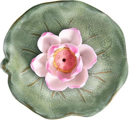 KR. LIF Lotus Incense Holder & Burner, Agarbatti Stand, Detachable Lotus Leaf Incense Tray, Ash Catcher for Altar, Sage & Palo Santo, Ceramic