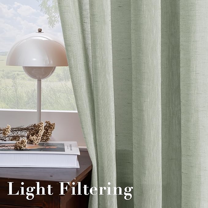 H.VERSAILTEX Linen Curtains Natural Linen Blended Curtain Panels for Living Room/Light Reducing Linen Semi Sheer Curtains 108 inch Length 2 Panels Set Nickel Grommet Window Panels, Sage