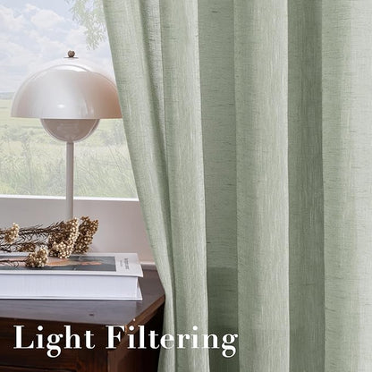 H.VERSAILTEX Linen Curtains Natural Linen Blended Curtain Panels for Living Room/Light Reducing Linen Semi Sheer Curtains 108 inch Length 2 Panels Set Nickel Grommet Window Panels, Sage