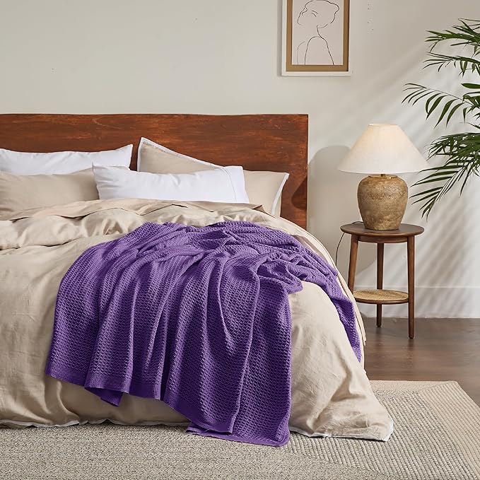 Bedsure Gentlesoft 100% Cotton Large Throw Blanket for Couch 50x70 inches - Breathable and Soft, Waffle Weave Throw Blanket for Office, Purple