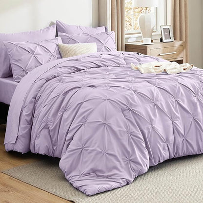 Bedsure Queen Comforter Set Light Purple - Bed in a Bag Queen Size Bedding 7 Pieces, GentleSoft™ Pintuck Bed Set Gift for Family, Pinch Pleat All Season Comforter with Sheets, Pillowcases & Shams
