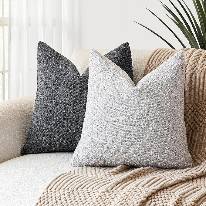 Foindtower Decorative Textured Boucle Throw Pillow Covers Accent Solid Pillow Cases Neutral Soft Cozy Couch Cushion Case for Chair Sofa Bedroom Living Room Home Decor 16x16 Inch,1PC,Light Grey