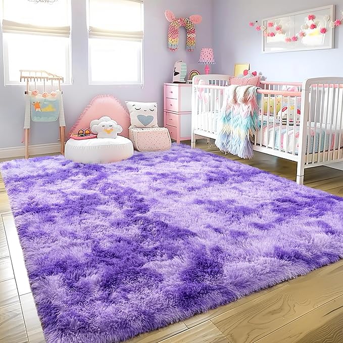 Large 9x12 Area Rug for Living Room, Soft Shag Thick Fluffy Carpet for Bedroom, Plush Fuzzy for Girls Boys Kids Room Non Slip Dorm Home Decor Aesthetic, Tie-Dyed Purple
