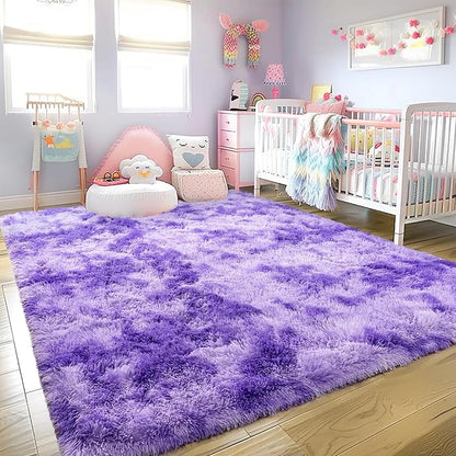 Large 9x12 Area Rug for Living Room, Soft Shag Thick Fluffy Carpet for Bedroom, Plush Fuzzy for Girls Boys Kids Room Non Slip Dorm Home Decor Aesthetic, Tie-Dyed Purple