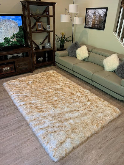 LAMBZY High Pile Super Soft Faux Sheepskin Rug (8'x11', White/Brown Tips)