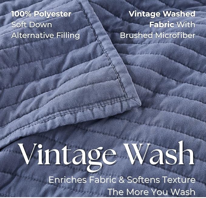 DOWN HOME Cali King Quilt Bedding Set with Shams, Vintage Washed Quilted Blanket Thin Comforter Lightweight Bedspread Coverlet Bed Cover, Brushed Microfiber Stripe Stitching, Vintage Denim, 111"x92"