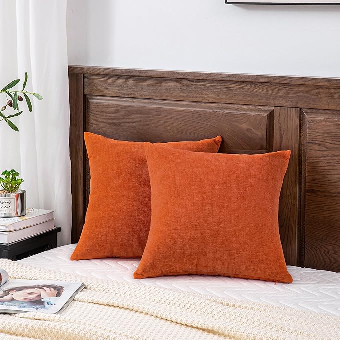 GAWAMAY Decorative Square Throw Pillow Covers 22"x22" Inch Set of 2, Super Soft Chenille Pillows Farmhouse Fall Pillowcase for Living Room Bedroom Sofa Couch Cushion Cover Burnt Orange 55x55cm