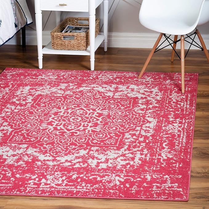 Rugs.com Arlington Collection Rug – 8 Ft Square Pink Medium-Pile Rug Perfect for Living Rooms, Kitchens, Entryways