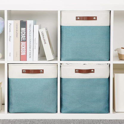 HNZIGE Foldable Storage Cubes & Baskets (3 Pack) - 13 Inch Storage Bin with Leather Handles for Toys, Clothes, Kids, Closet (White & Teal)