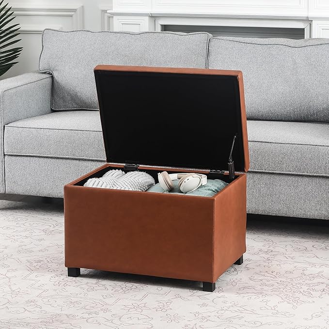 Joveco 24" Leather Storage Ottoman Bench, Rectangle Foot Rest Stool for Living Room, Bedroom, Entryway, Cognac Brown