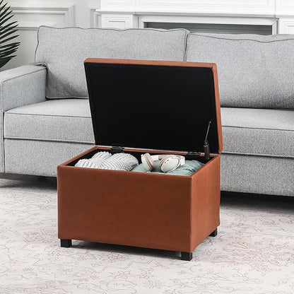 Joveco 24" Leather Storage Ottoman Bench, Rectangle Foot Rest Stool for Living Room, Bedroom, Entryway, Cognac Brown