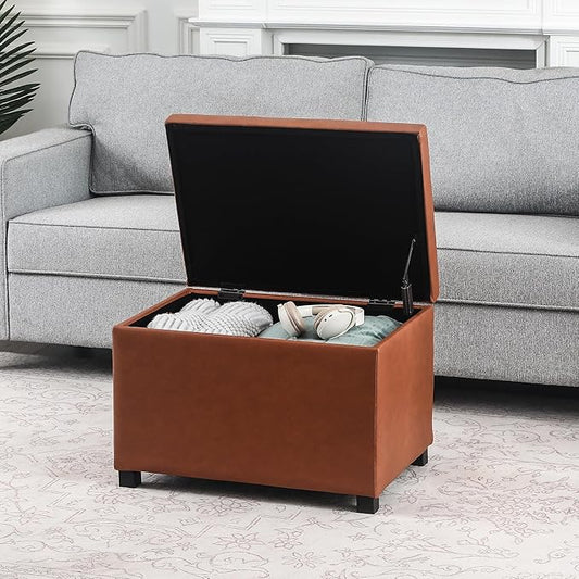 Joveco 24" Leather Storage Ottoman Bench, Rectangle Foot Rest Stool for Living Room, Bedroom, Entryway, Cognac Brown