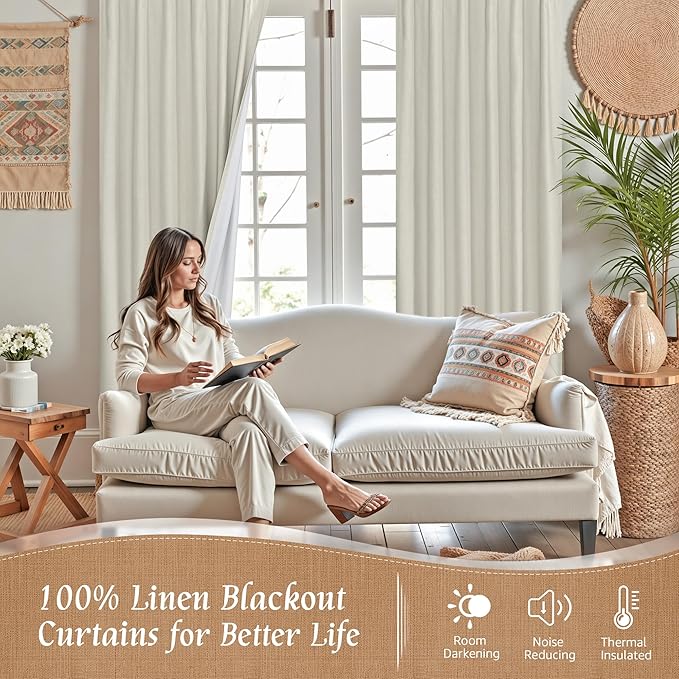 LAMIT 100% Blackout Linen Curtains, 72 Inch Linen Textured Living Room Farmhouse Curtains Room Darkening Back Tab and Rod Pocket Burlap Neutral Panels with White Liner, 2 Panels, 52 x 72 Inch, Stone