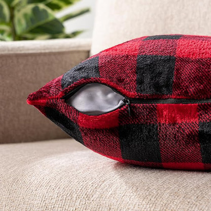 PAVILIA Checker Plaid Throw Pillow Covers 18x18 Set of 2, Decorative Pillow Cases for Bed Sofa Couch, Boho Aesthetic Accent Decor Cushion Bedroom Living Room, Velvet Square Euro Sham Covers, Black Red