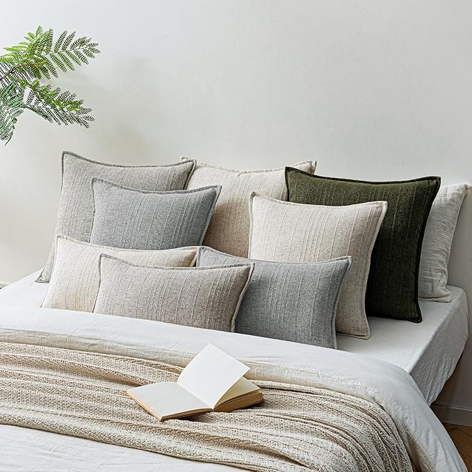 a moment Linen Pillow Covers Set of 2,Boho Farmhouse Throw Pillowcases Neutral Textured Decorative Covers for Couch Sofa,Soft Linen Blend Accent Case Cushion Living Room Home Decor 24"x24"Sky Gray