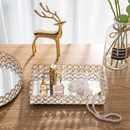 Feyarl 10 Inch Crystal Cosmetic Perfume Tray Vanity Makeup Jewelry Trinket Organizer Mirrored Decorative Tray Storage Home Deco Wedding Dresser Birthday Gift (Gold)