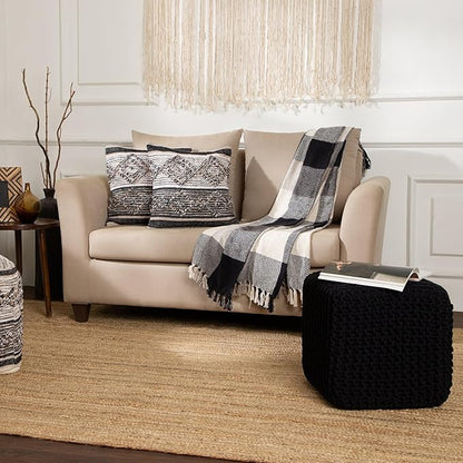 REDEARTH · Cube Pouf Foot Stool Ottoman - Hand Knitted Poof - Cord Boho Pouffe - Home Décor - Stuffed Footrest for Living Room - Bedroom - Covered Patio (16" x 16" x 16") - Black, Set of 2