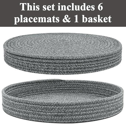 Round Placemats Set of 6 with Holder, Cotton Rope Woven Place Mats, Hot Pads for Kitchen, Heat Resistant Table Mats, 13 Inch Farmhouse Washable Braided Placemat for Kitchen Decor (Dark Gray)