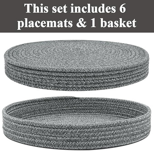 Round Placemats Set of 6 with Holder, Cotton Rope Woven Place Mats, Hot Pads for Kitchen, Heat Resistant Table Mats, 13 Inch Farmhouse Washable Braided Placemat for Kitchen Decor (Dark Gray)