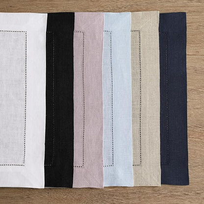 Solino Home Linen Square Placemats Set of 4-100% Pure Linen Black Cloth Placemats 14 x 14 Inch - Classic Hemstitch, Machine Washable Place Mats for Winter, New Year