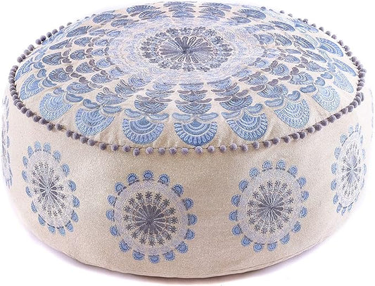 Large Round Floor Pillow Cover Blue Indian Décorative Accent Meditation Cushion Perfect for Living Room, Bedroom, Nursary or Children Room Seating Area Stool Footstool Pouf Ottoman 24x8 Unstuffed