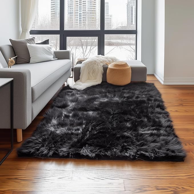 Super Area Rugs Ultra Soft & Fluffy Faux Sheepskin Rug, Black 4 x 6 Feet Carpet for Bedroom Living Room