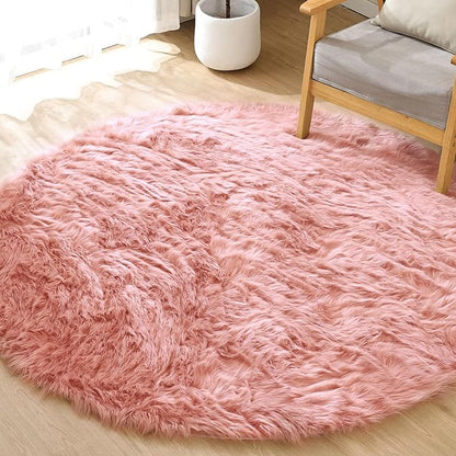 Pink Washable Fluffy Round Rugs for Bedroom Girls Shag Faux Sheepskin Fuzzy Fur Rugs for Living Room Circle Area Rug for Kids Round Rug 5ft