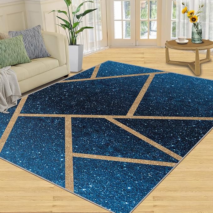Abstract Marble Rug Navy Blue Marble Area Rug Blue Starry Geometric Area Rugs Gold Lined Geometric Shapes Rugs Modern Minimalist Carpet for Living Room Bedroom 7x9ft