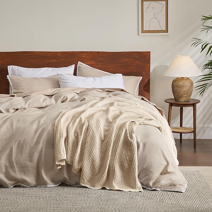 Bedsure Gentlesoft 100% Cotton Blanket Queen Size for Bed - Breathable and Soft, Thick Cozy Waffle Weave Christmas Blanket Gift for Women, Yellowish Cream, 90x90 Inches