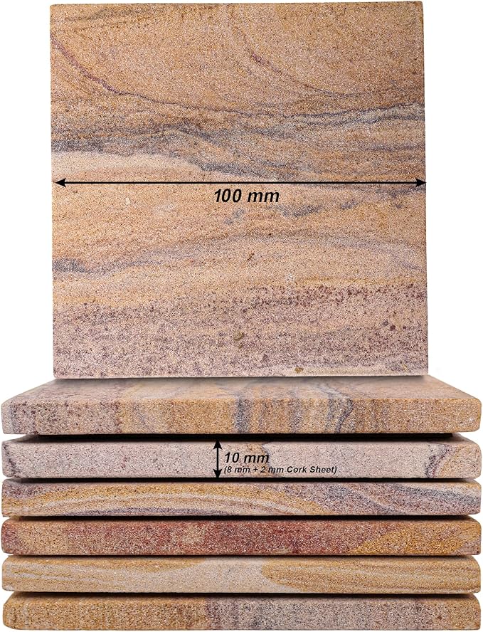 Sandstone Water Absorbent Hand Crafted Square Coasters for Drinks - 4 Inches Wide Thirsty Stone Bar/Drink Coasters- Made from Rainbow Sandstone (Set of 4 with Holder)