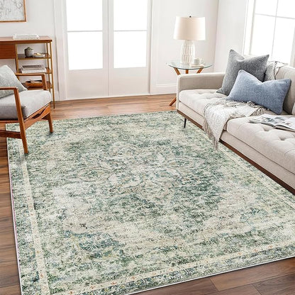 Washable Area Rug 4'x6' Vintage Traditional Floor Cover Foldable Thin Rugs Retro Kitchen Indoor Distressed Non Slip Carpet Floral Print Mat Bedroom Living Room