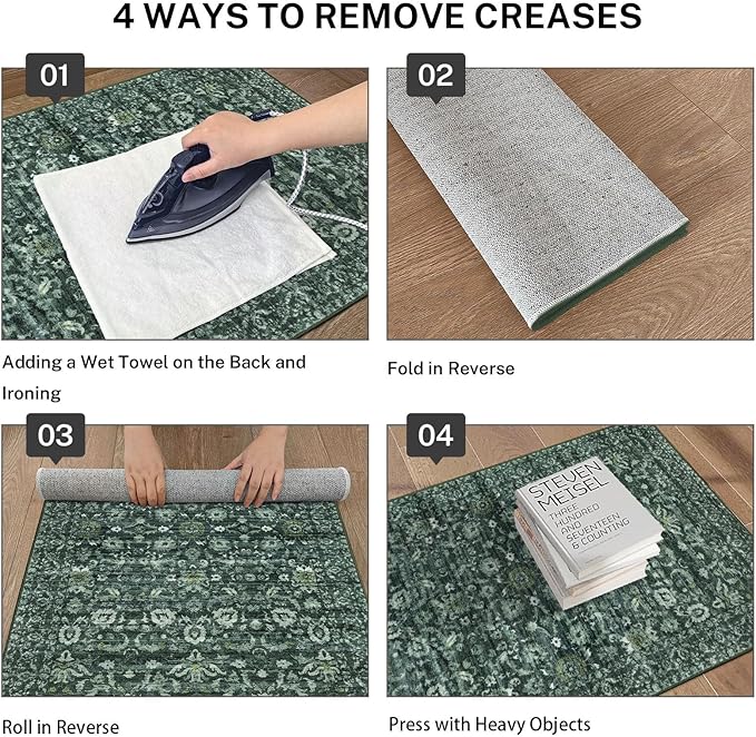 Runner Rug 2.6x10, Dark Green Washable Long Hallway Rug Runner Non-Slip Soft Kitchen Runner Thin Printed Faux Wool Super Soft Carpet for Entryway Bedroom Laundry Room Indoor Home Decor