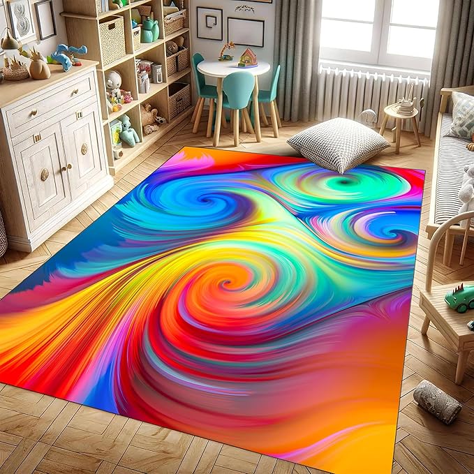 Modern Abstract Area Rugs Washable Bedroom Rugs Soft Non-Slip Stain Resistant Rugs Colorful Gradient Swirl Prints Non-Shedding for Living Room Dining Room Kitchen Bathroom Office 5x8ft