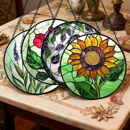 Stained Glass Window Hanging 4 Pcs Set Red Roses Yellow Sunflowers 9.8" - Flower Suncatcher Door Garden Sun Catcher Decor Birthday Mother's Day for Mom Woman Nana Girl