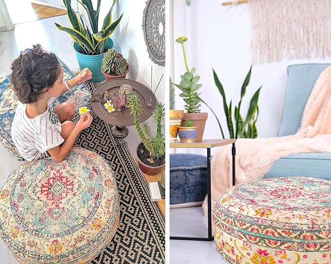 Mandala Life ART Large Floor Pillow Cover Yellow Round Pouf Ottoman Indian Floor Cushion Boho Chic Perfect Vintage Cushion for Living Room, Bedroom, Nursary or Children Room Cotton 24x8 Unstuffed