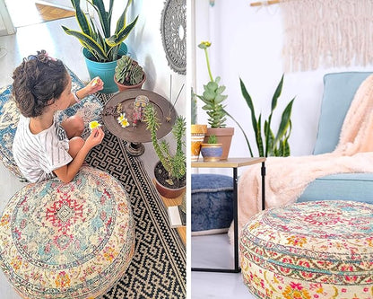 Mandala Life ART Large Floor Pillow Cover Yellow Round Pouf Ottoman Indian Floor Cushion Boho Chic Perfect Vintage Cushion for Living Room, Bedroom, Nursary or Children Room Cotton 24x8 Unstuffed