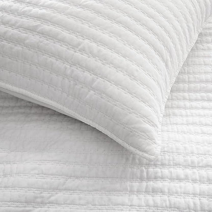 WDCOZY 100% Cotton Twin Size Quilt Set - White Striped Pick Stitch Soft Lightweight Bedspread, Textured Like Linen, Farmhouse Country Rustic Coverlet, Shabby Chic Gauze Bedding, 2 Pieces