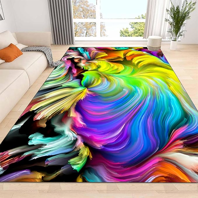 Super Soft Living Room Area Rug Non-Slip Washable Foldable Stain Resistant Rug Modern Abstract Art Rug Colorful Water Wave Print Indoor Dining Room Bedroom Office Carpet 3x4ft