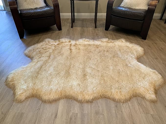 LAMBZY Faux Sheepskin Super Soft Hypoallergenic Silky Shag Rug for Living Room, Kids Room, Sofa (Quarto 4 Pelts 4'x6', White/Brown Tips)